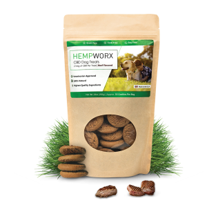 HempWorx CBD dog treats, beef-flavored, veterinarian approved for pet wellness.