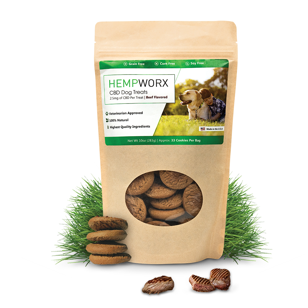 CBD Dog Treats 1 HempWorx CBD dog treats, beef-flavored, veterinarian approved for pet wellness.