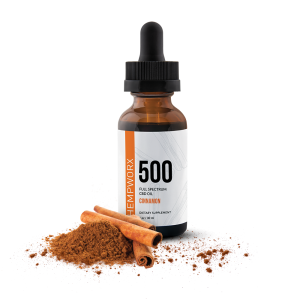 HempWorx 500mg full-spectrum CBD oil, cinnamon flavor, supplement facts included.