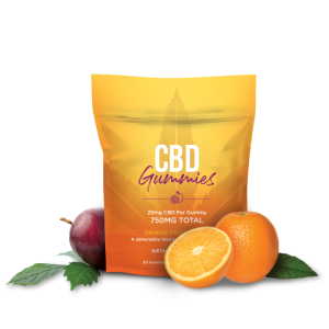 HempWorx CBD gummies, orange passionfruit flavor, 750mg total, 25mg per gummy