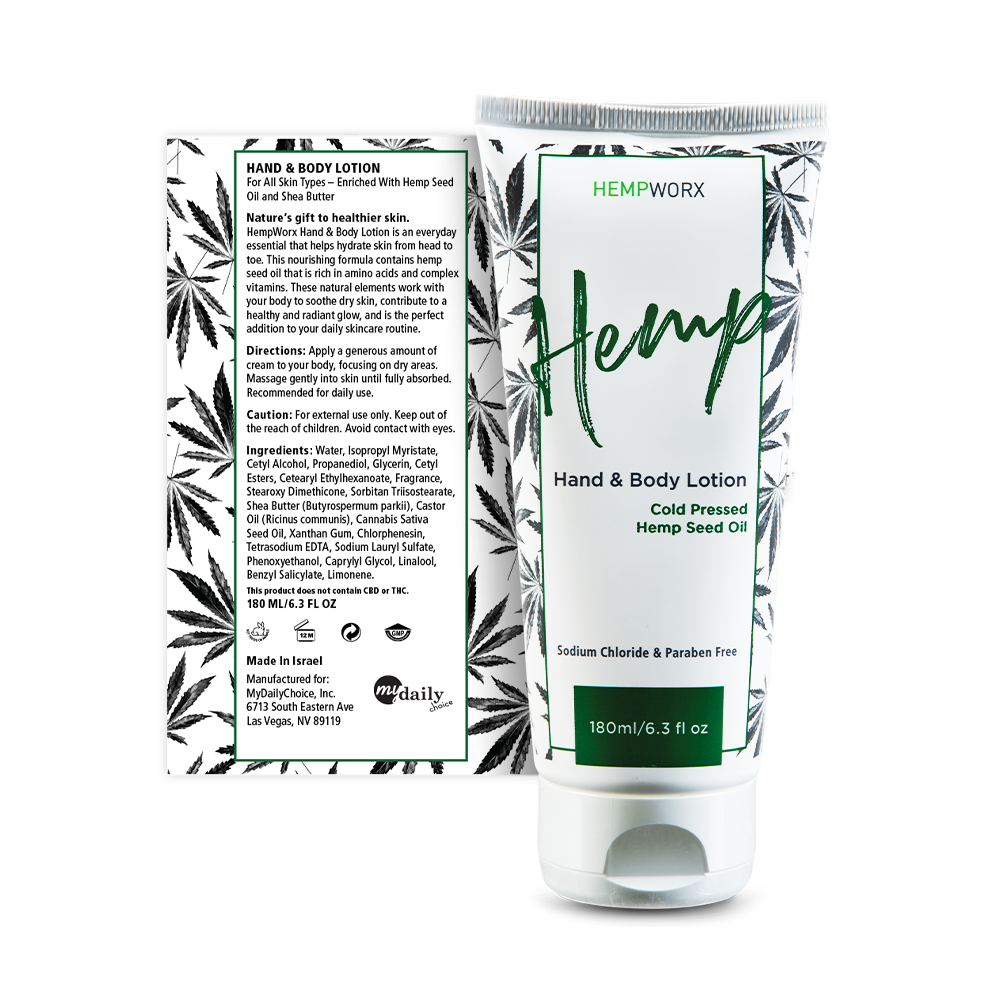 Hemp Hand & Body Lotion 3 HempWorx hand and body lotion with cold-pressed hemp seed oil, 180ml for skin hydration